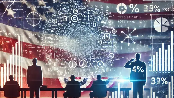 KI-generiertes Symbilbild der US-Wahlen mit verschiedenen datenanalytischen Symbolen, Personen an Schreibtischen und der US-Flagge im Hintergrund