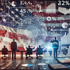KI-generiertes Symbilbild der US-Wahlen mit verschiedenen datenanalytischen Symbolen, Personen an Schreibtischen und der US-Flagge im Hintergrund