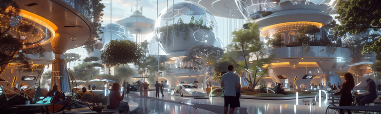 GFTM_Banner Futuristische, nachhaltige Stadtlandschaft mit schwebenden, transparenten Kuppelbauten, die Natur und Hightech vereinen. Menschen arbeiten und bewegen sich in einer vernetzten, digital unterstützten Umgebung mit autonomen Fahrzeugen. Das Bild verkörpert Innovation, Zukunftsdenken und die Verbindung von Technologie, Gesellschaft und Umwelt.
