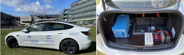 Abbildung des Tesla Testfahrzeugs mit Messinstrumenten im Kofferraum